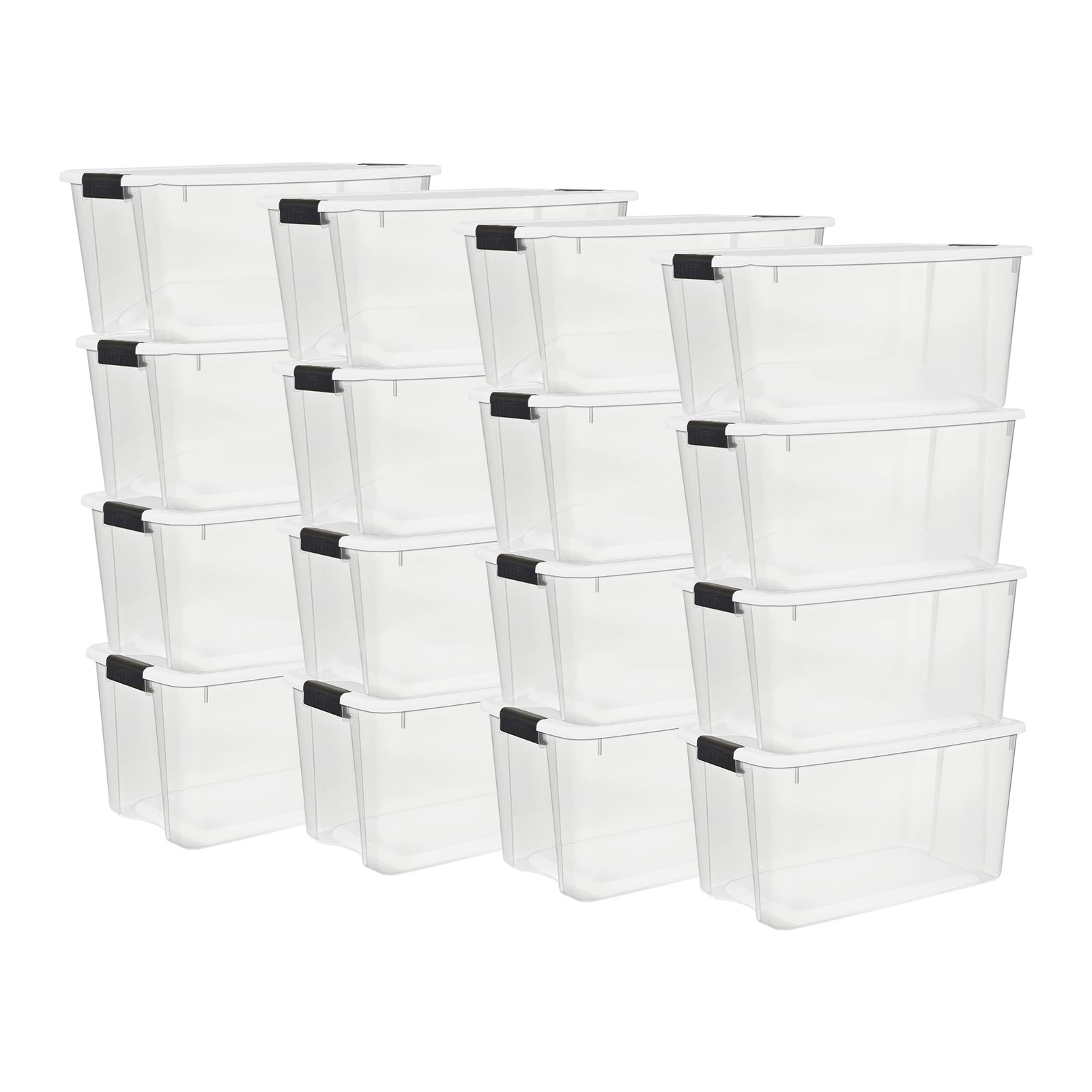 Sterilite 70 Qt Clear Plastic Stackable Storage Bin w/ White Latch Lid, 16 Pack - VMInnovations
