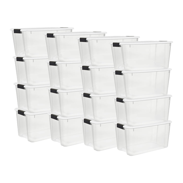 Sterilite 70 Qt Clear Plastic Stackable Storage Bin w/ White Latch Lid, 16 Pack