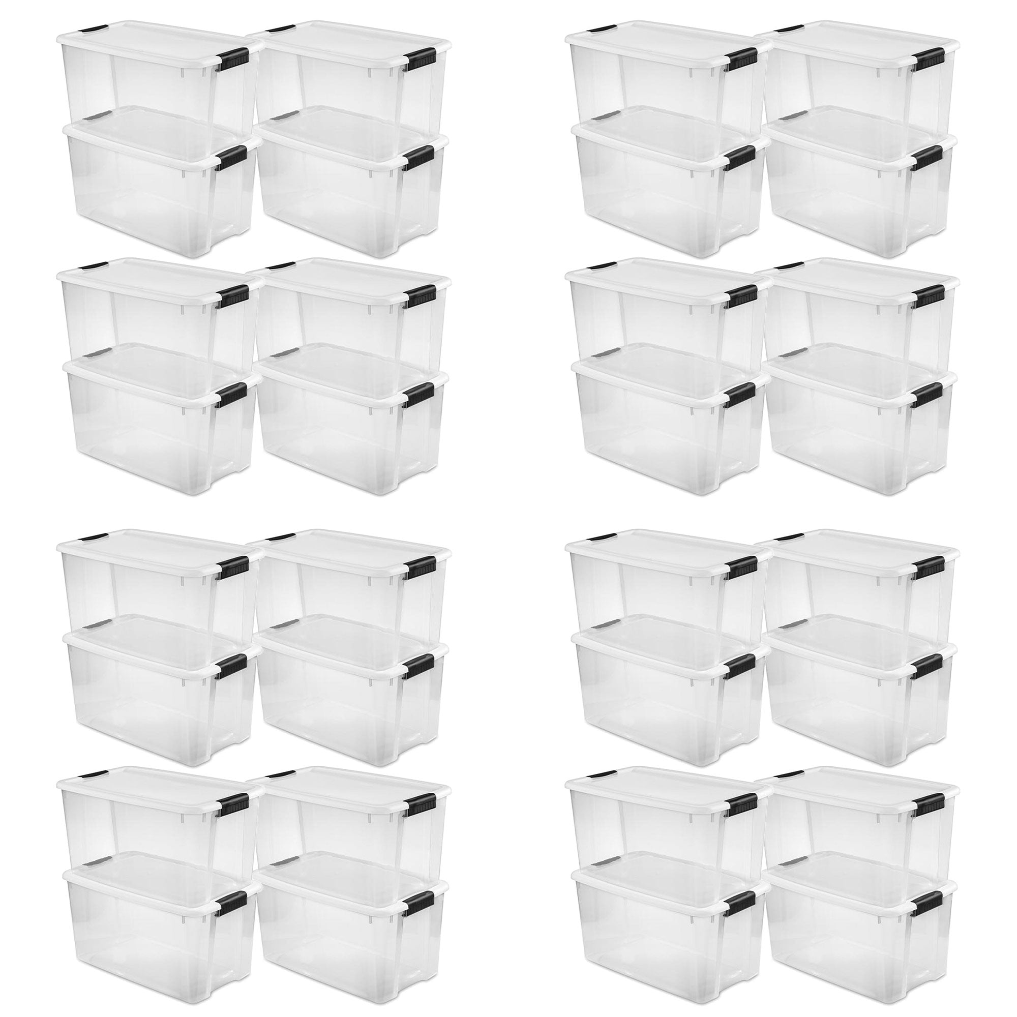 Sterilite 70 Qt Clear Plastic Stackable Storage Bin w/ White Latch Lid, 32 Pack