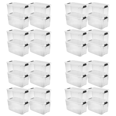Sterilite 70 Qt Clear Plastic Stackable Storage Bin w/ White Latch Lid, 32 Pack
