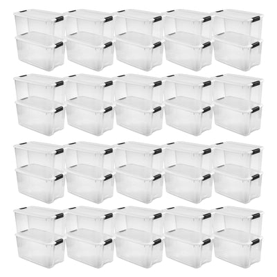 Sterilite 70 Qt Clear Plastic Stackable Storage Bin w/ White Latch Lid, 40 Pack