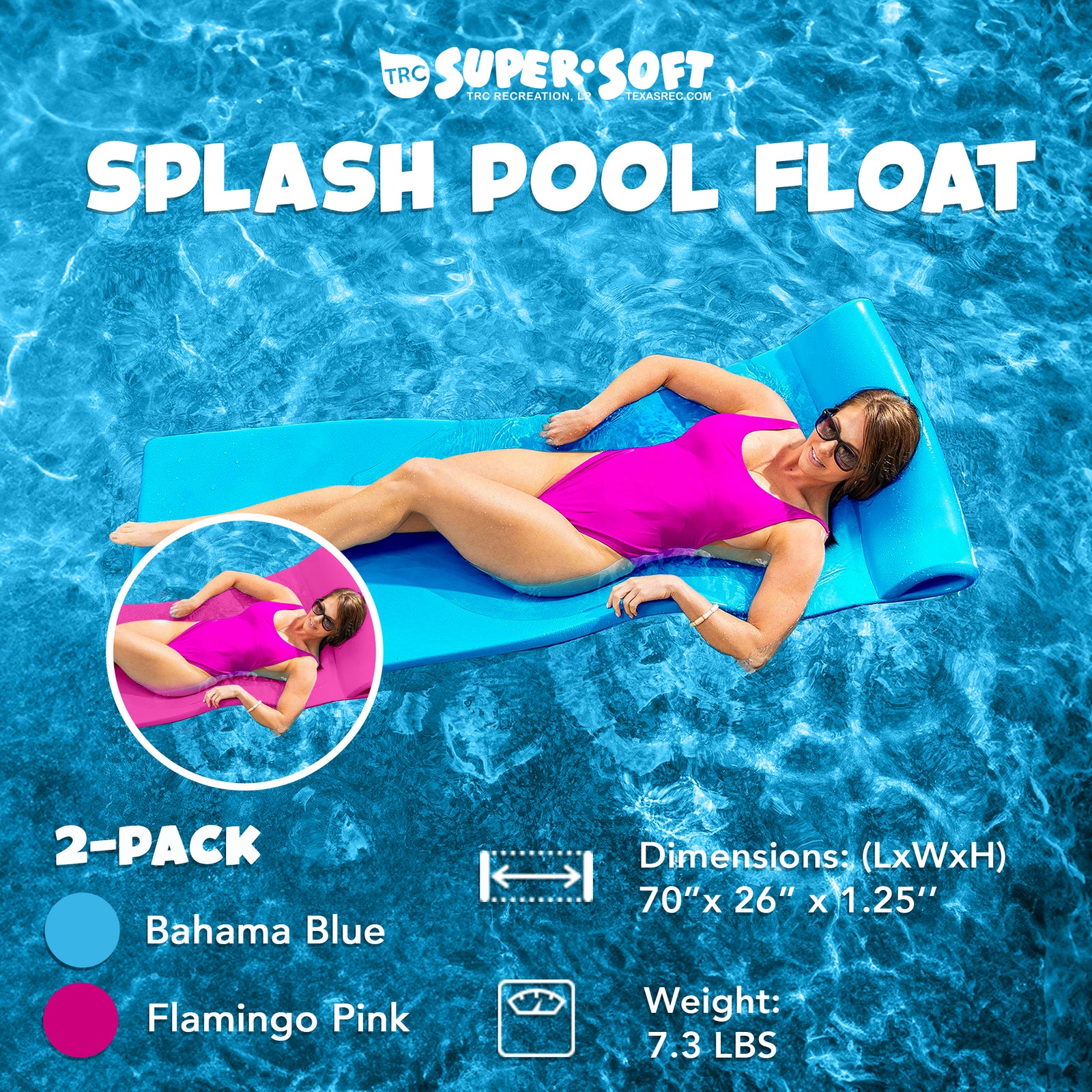TRC Recreation Splash 1.25" Thick Pool Float Mats, Bahama Blue/Flamingo Pink - VMInnovations