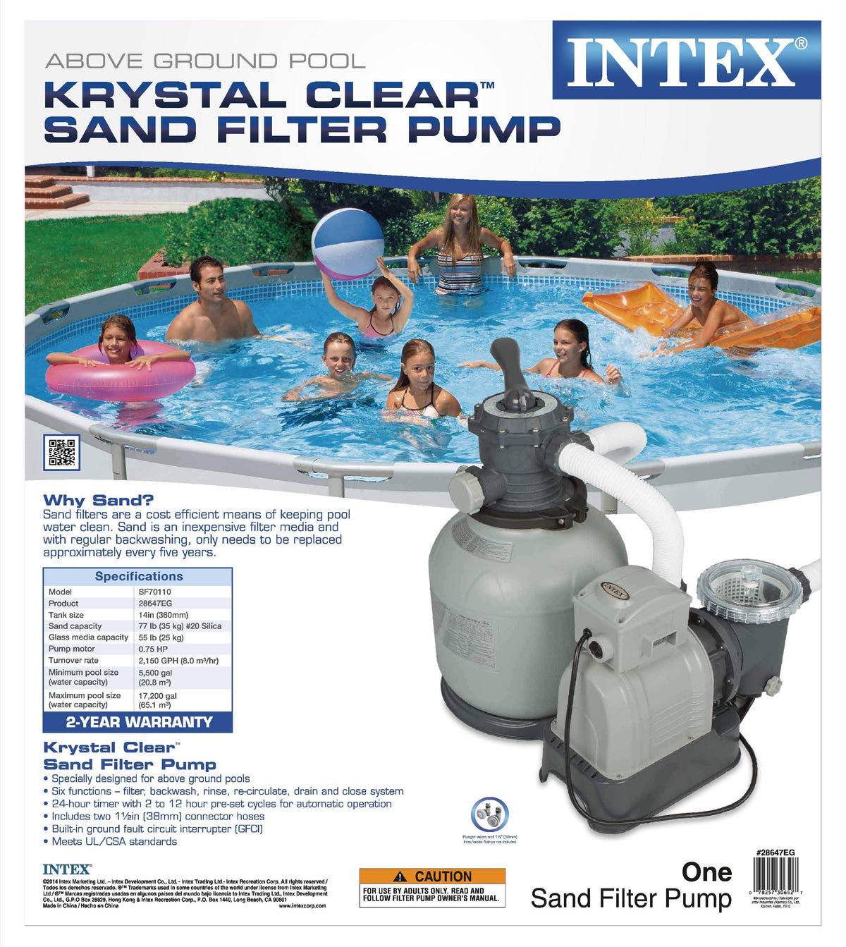Intex Krystal Clear 2800GPH Above Ground Pool Sand Filter Pump + 2 Hose Adapters
