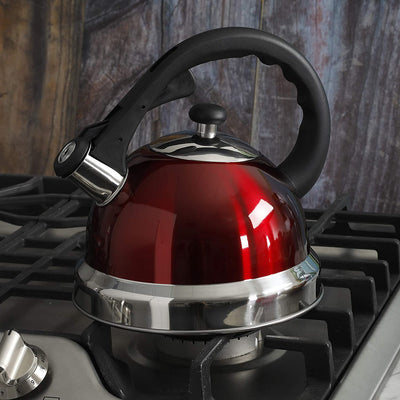 Mr Coffee 2.2 Quart Claredale Stainless Steel Stove Top Tea Pot Kettle, Red