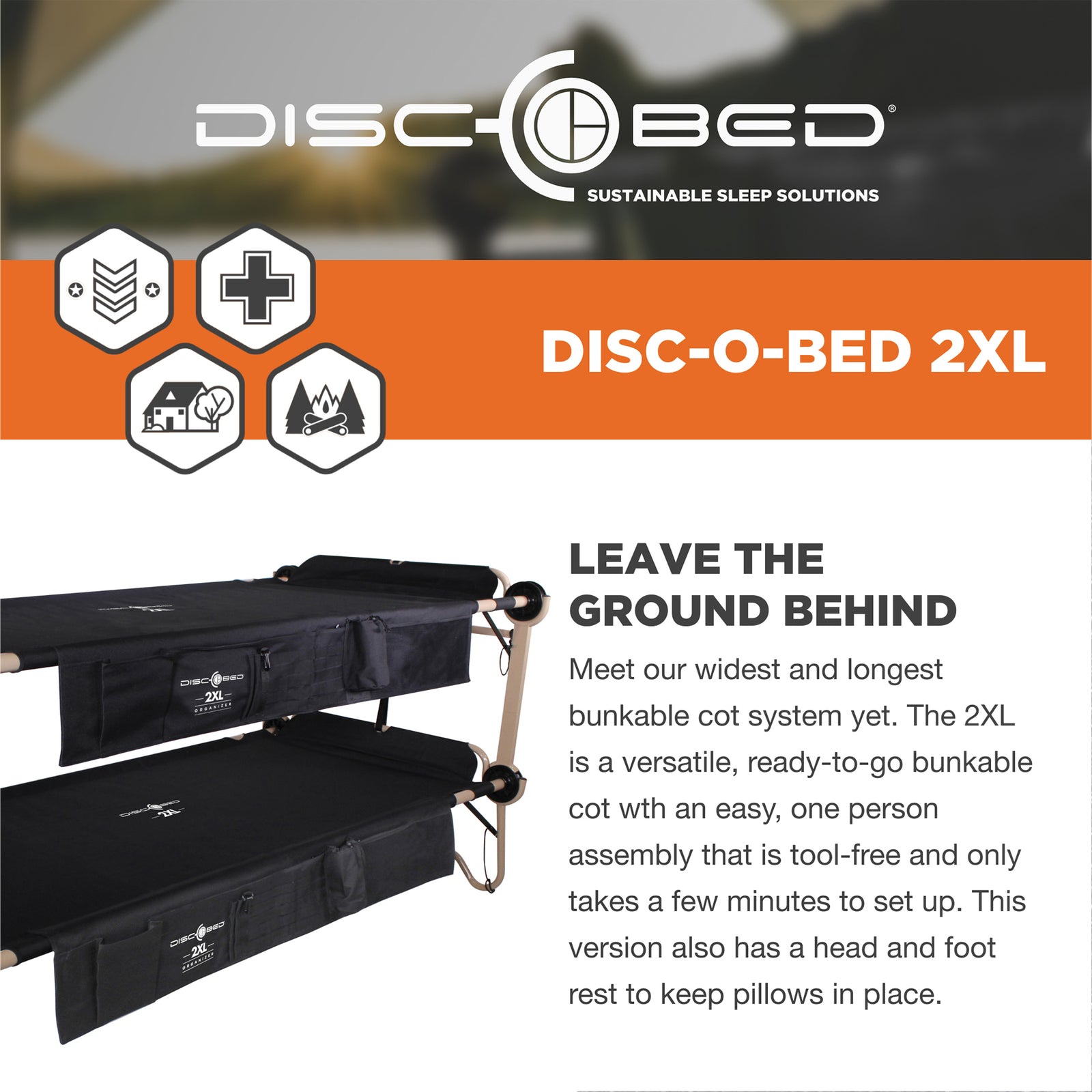 Disc-O-Bed 2XL Cam-O-Bunk Benchable Double Cot w/Organizers, Black - VMInnovations
