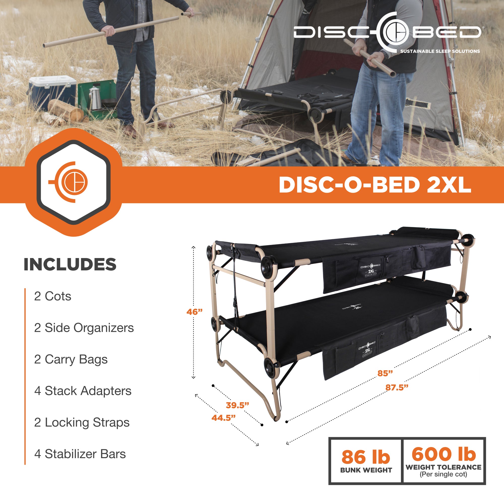 Disc-O-Bed 2XL Cam-O- Bunked Organizers Double Camping Cot, Black (Open Box) - VMInnovations