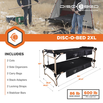 Disc-O-Bed 2XL Cam-O- Bunked Organizers Double Camping Cot, Black (Open Box) - VMInnovations