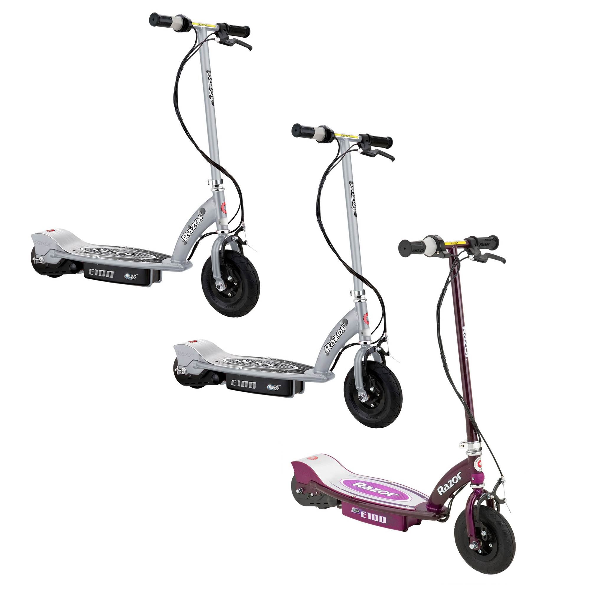 Razor E100 Motorized Rechargeable Electric Scooter Bundle, 1 Purple & 2 Silver
