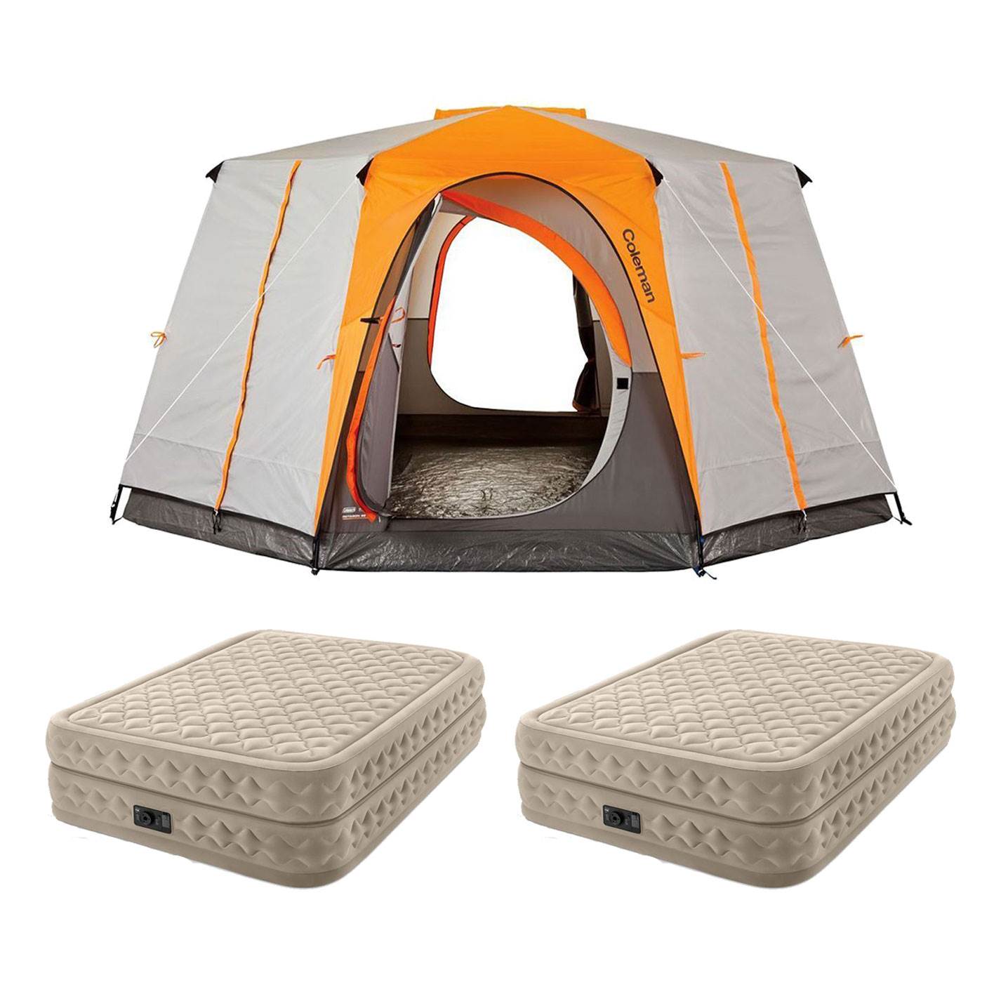 Intex Queen 20 Inch DuraBeam Airbed Mattress with Pump (2 Pack) + 8 Person Tent