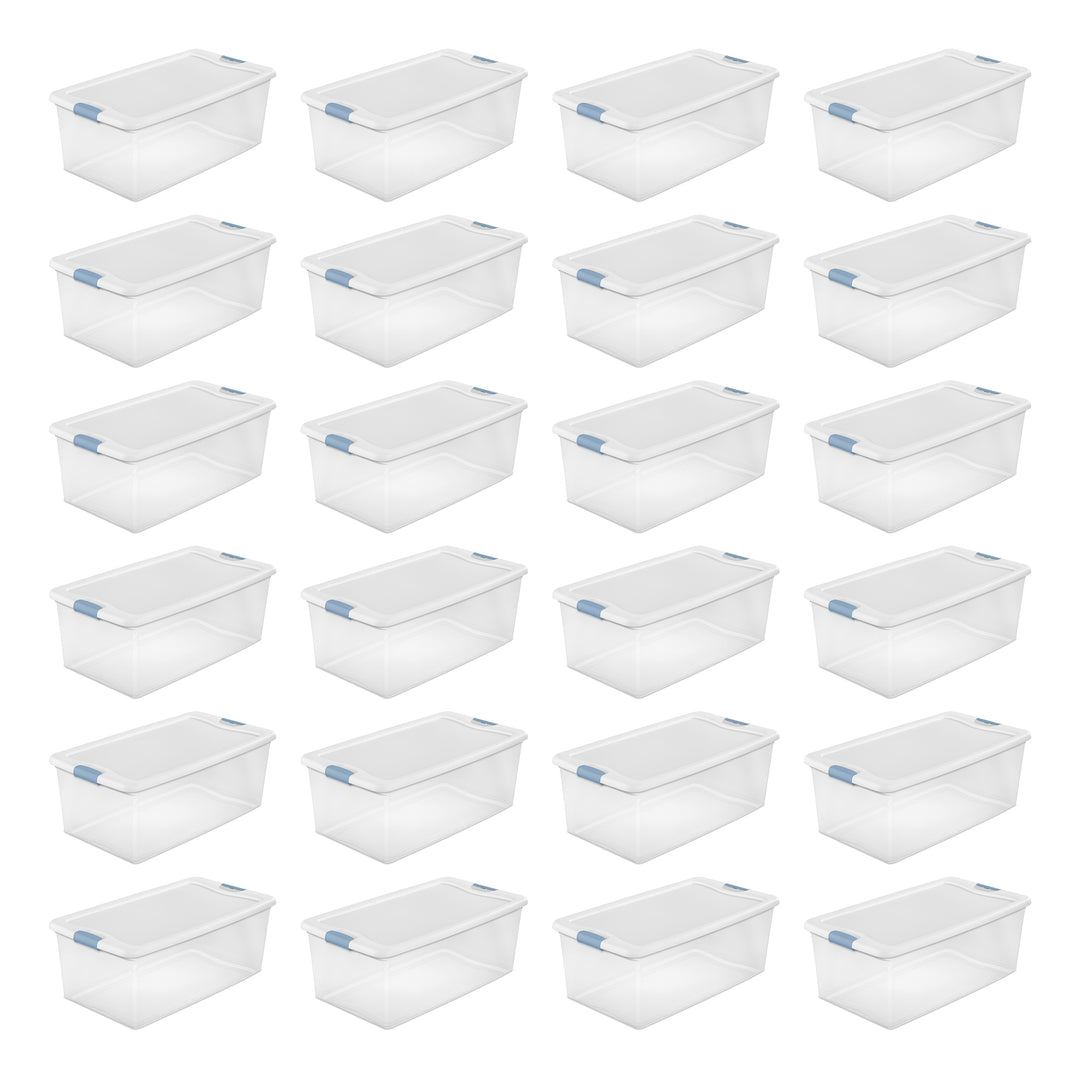 Sterilite 106 Qt Clear Plastic Stackable Storage Bin w/ White Latch Lid, 24 Pack