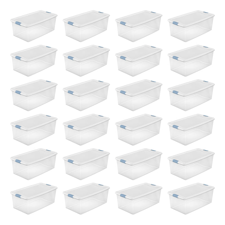 Sterilite 106 Qt Clear Plastic Stackable Storage Bin w/ White Latch Lid, 24 Pack