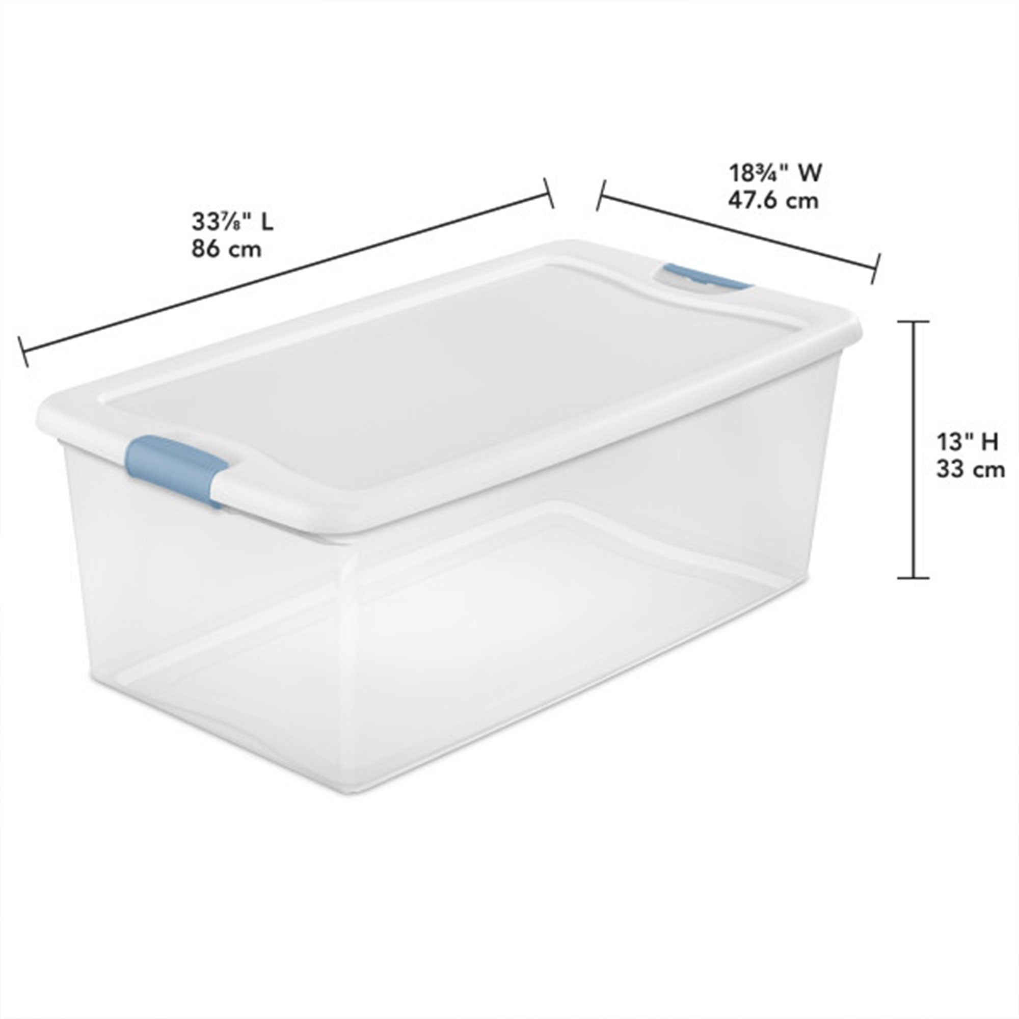 Sterilite 106 Qt Clear Plastic Stackable Storage Bin with White Lid & Blue Latch
