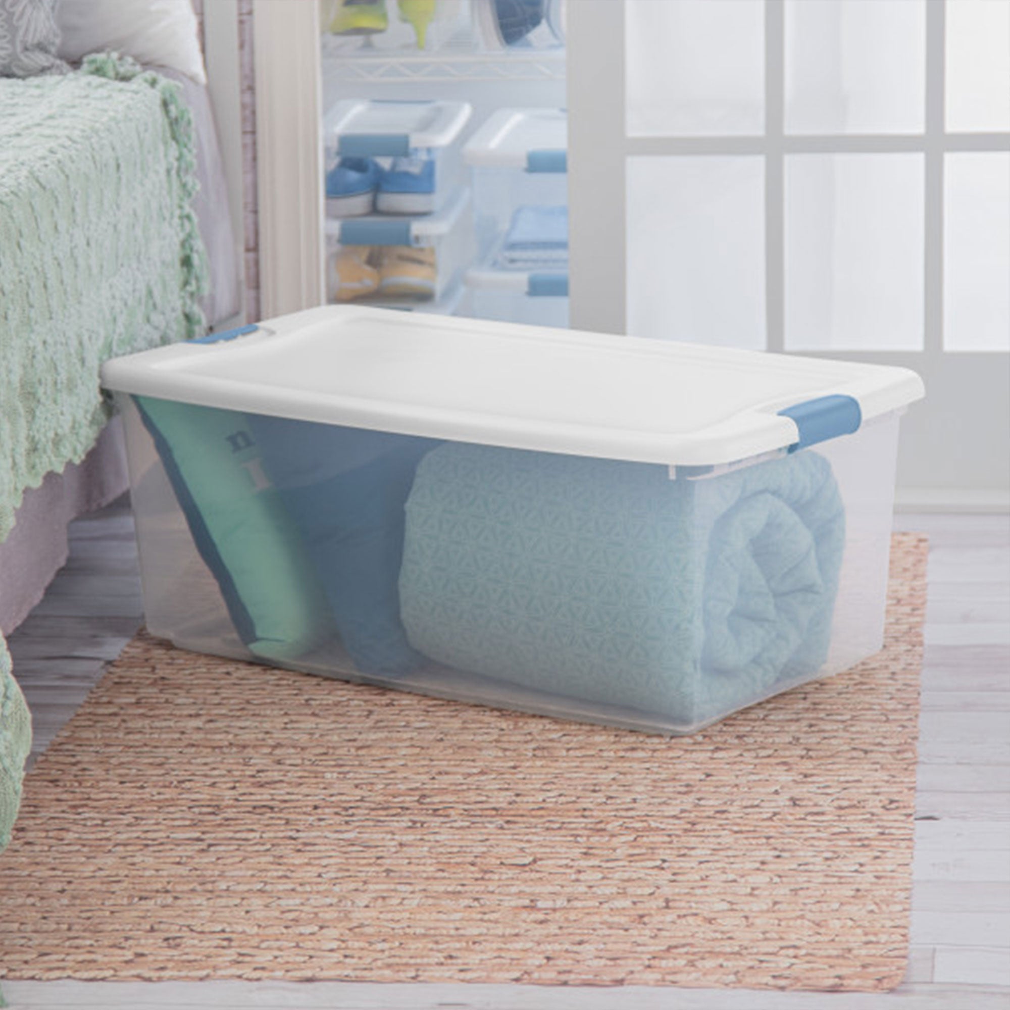 Sterilite 106 Qt Clear Plastic Stackable Storage Bin with White Lid & Blue Latch - VMInnovations