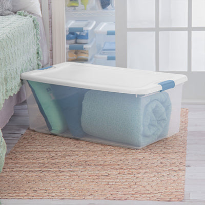 Sterilite 106 Qt Clear Plastic Stackable Storage Bin with White Lid & Blue Latch - VMInnovations