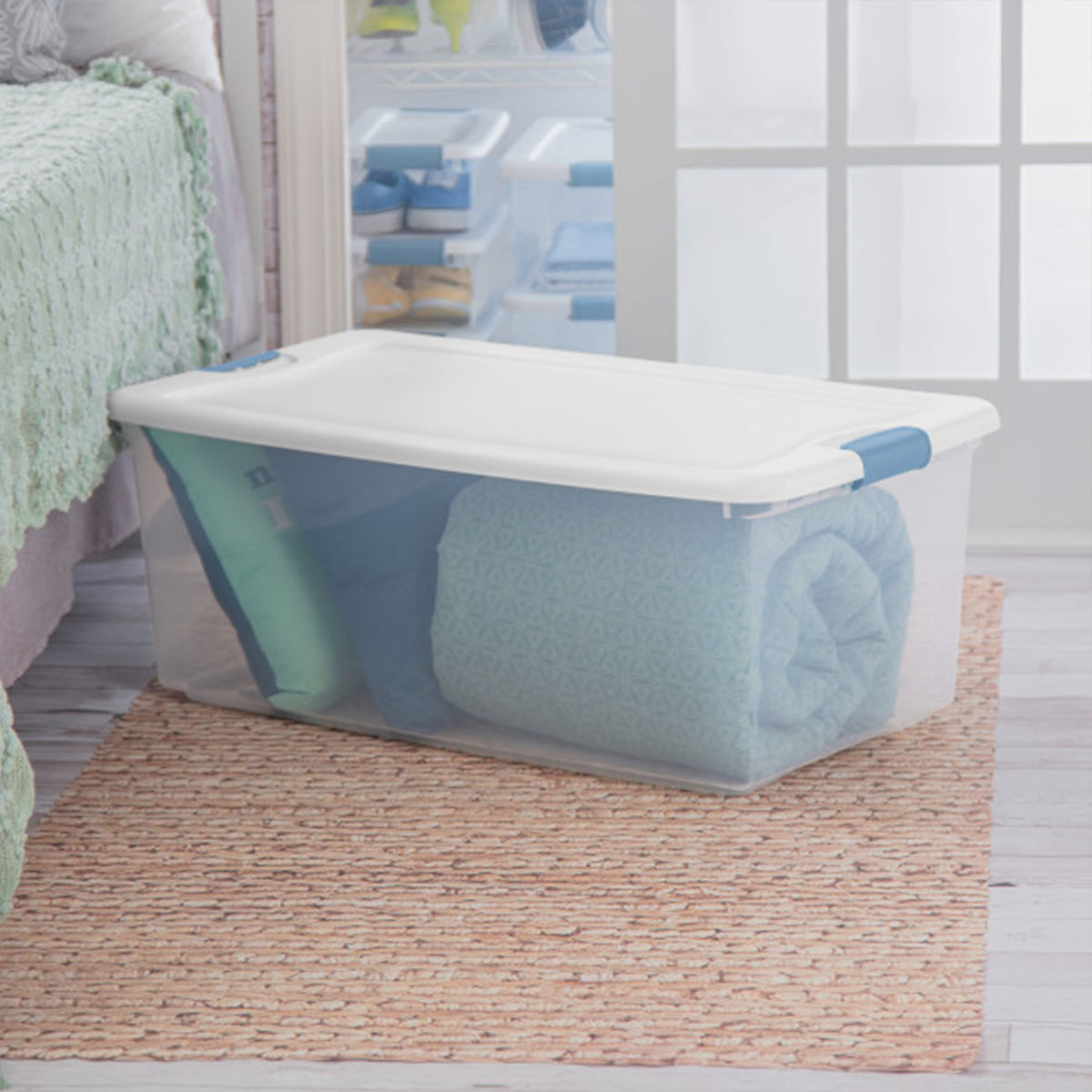 Sterilite 106 Qt Clear Plastic Stackable Storage Bin with White Lid & Blue Latch