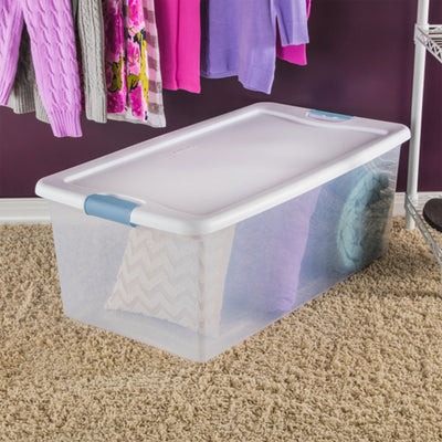 Sterilite 106 Qt Clear Plastic Stackable Storage Bin with White Lid & Blue Latch