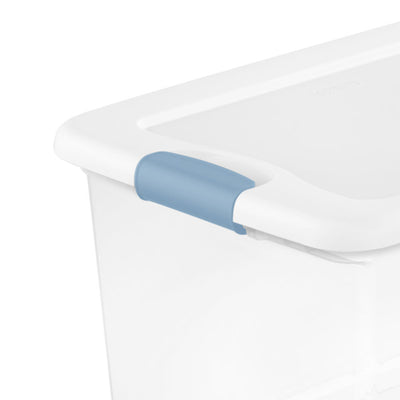 Sterilite 106 Qt Clear Plastic Stackable Storage Bin with White Lid & Blue Latch - VMInnovations