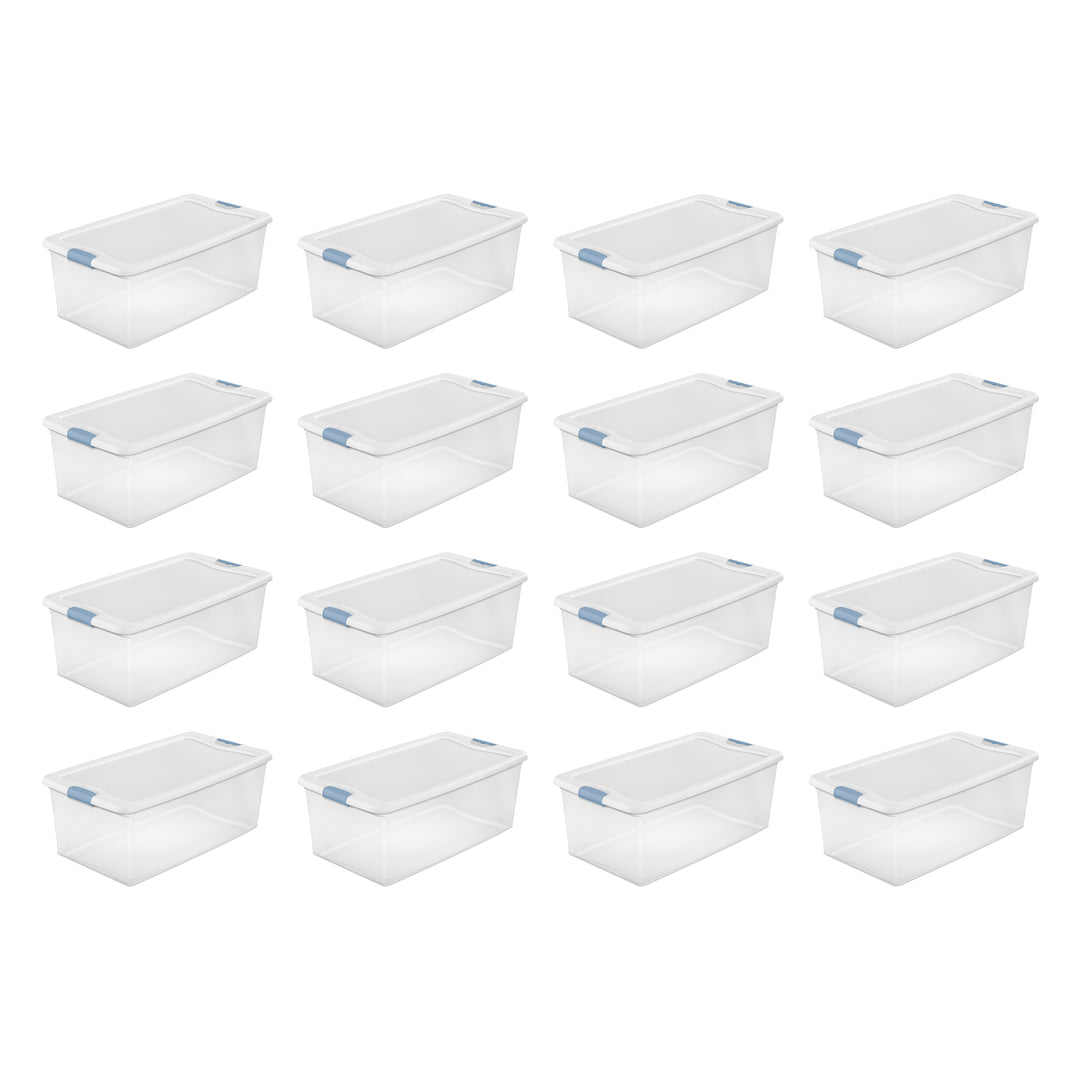 Sterilite 106 Qt Clear Plastic Stackable Storage Bin w/ White Latch Lid, 16 Pack