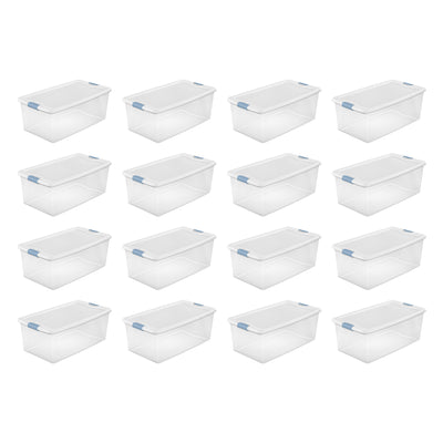 Sterilite 106 Qt Clear Plastic Stackable Storage Bin w/ White Latch Lid, 16 Pack - VMInnovations