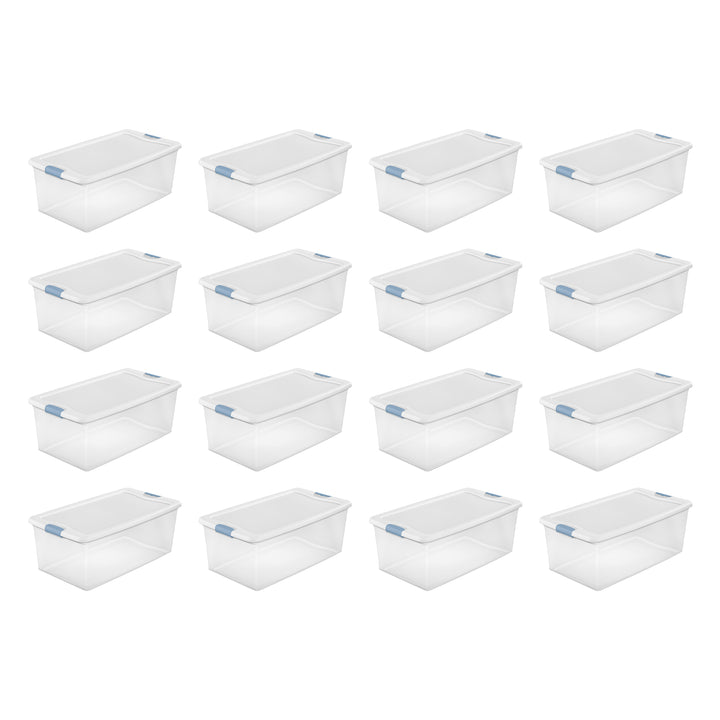 Sterilite 106 Qt Clear Plastic Stackable Storage Bin w/ White Latch Lid, 16 Pack