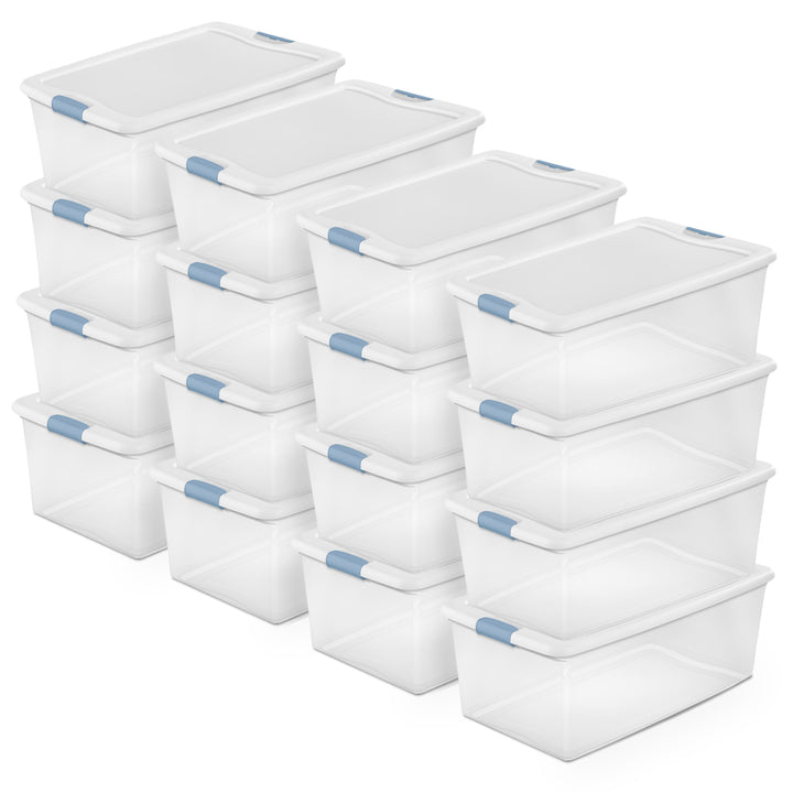 Sterilite 106 Qt Clear Plastic Stackable Storage Bin w/ White Latch Lid, 16 Pack