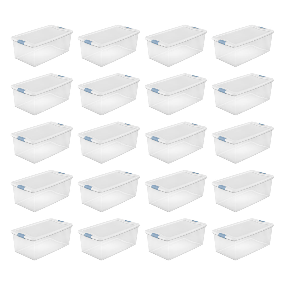 Sterilite 106 Qt Clear Plastic Stackable Storage Bin w/ White Latch Lid, 20 Pack