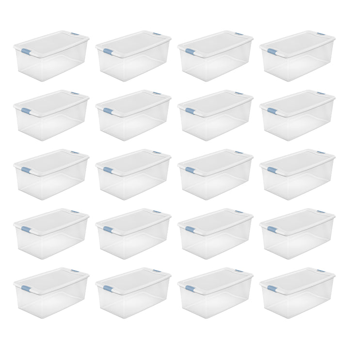 Sterilite 106 Qt Clear Plastic Stackable Storage Bin w/ White Latch Lid, 20 Pack