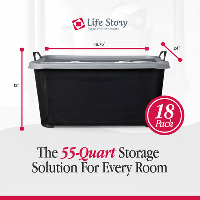 Life Story 55 Quart Stackable Storage Bin, Heavy Duty Lidded Container, 18 Pack