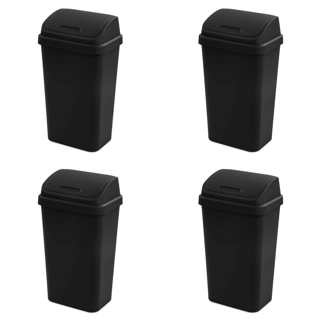 Sterilite 13 Gallon Swing Top Lidded Wastebasket Kitchen Trash Can, Black 4 Pack