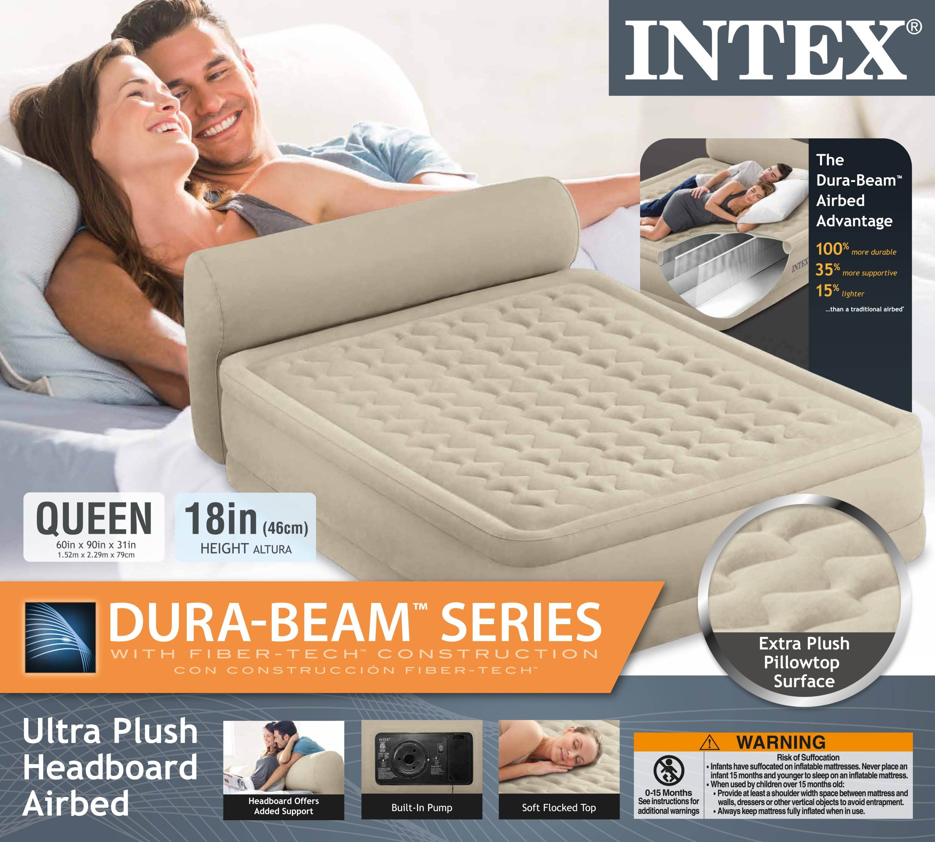 Intex Queen Ultra Plush Airbed with Headboard + Queen Airbed with Built-In Pump