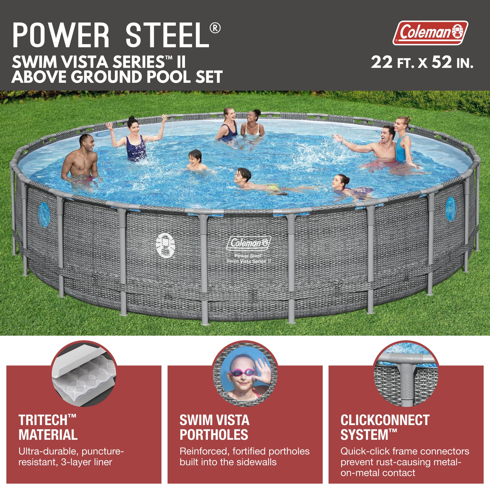 Coleman Power Steel 22' x 52" Frame Above Ground Swimming Pool Set, Gray (Used) - VMInnovations