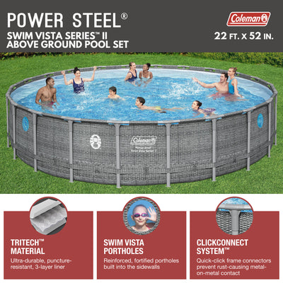 Coleman Power Steel 22' x 52" Frame Above Ground Swimming Pool Set, Gray (Used)