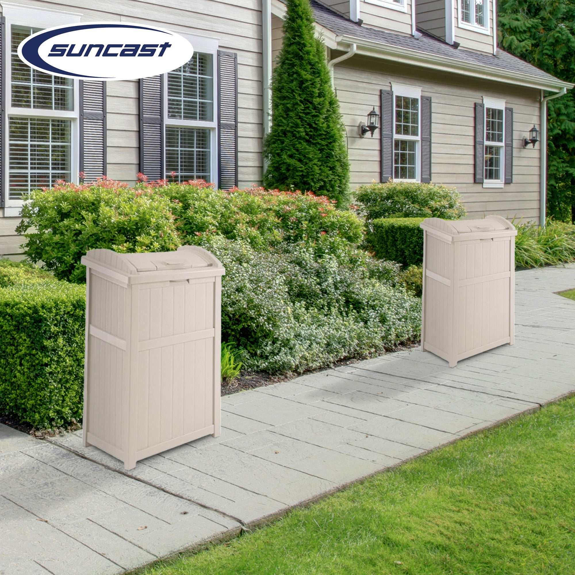 Suncast 30-33 Gallon Deck Patio Resin Garbage Trash Can Hideaway, Taupe (2 Pack) - VMInnovations