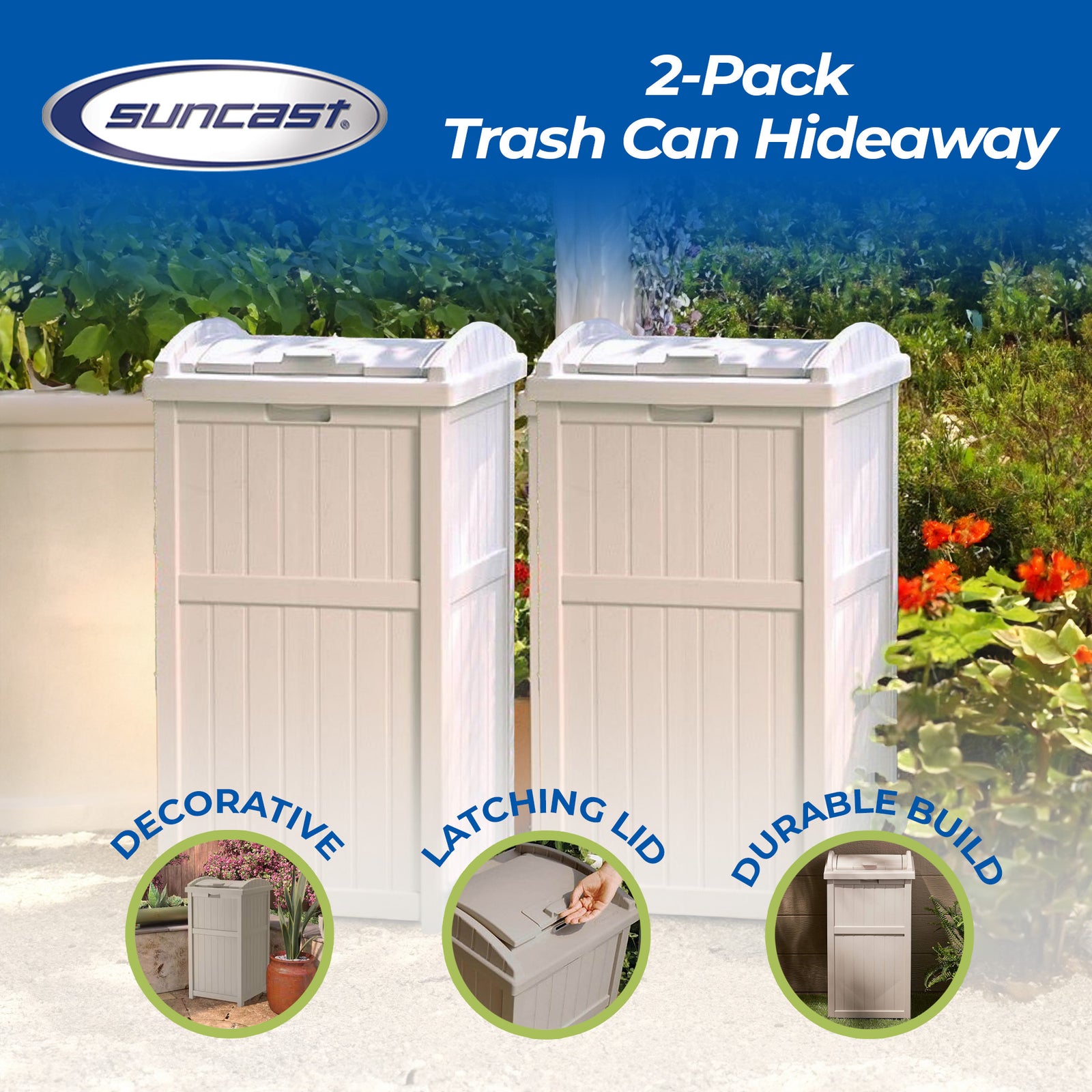 Suncast 30-33 Gallon Deck Patio Resin Garbage Trash Can Hideaway, Taupe (2 Pack) - VMInnovations