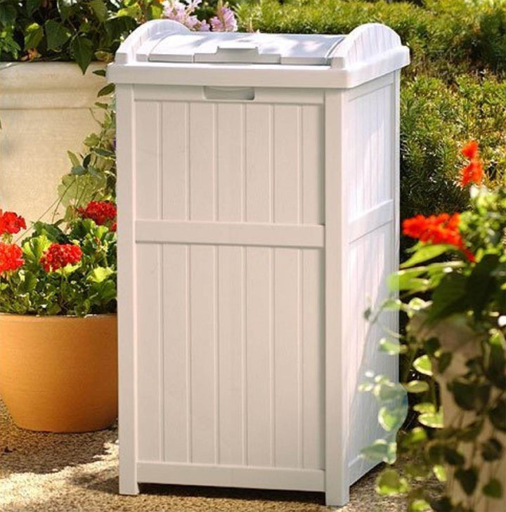 Suncast 30-33 Gallon Deck Patio Resin Garbage Trash Can Hideaway, Taupe (2 Pack)