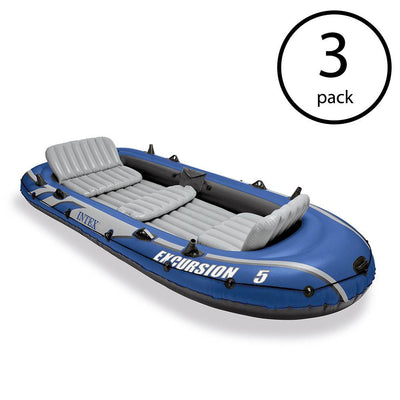 Intex Excursion 5 Person Inflatable Boat Set w/ 2 Oars, Air Pump & Bag (3 Pack)