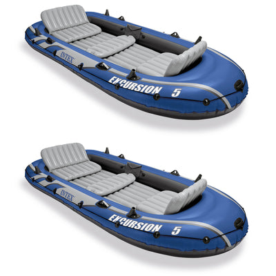 Intex Excursion 5 Person Inflatable Boat Set w/ 2 Oars, Air Pump & Bag (2 Pack)