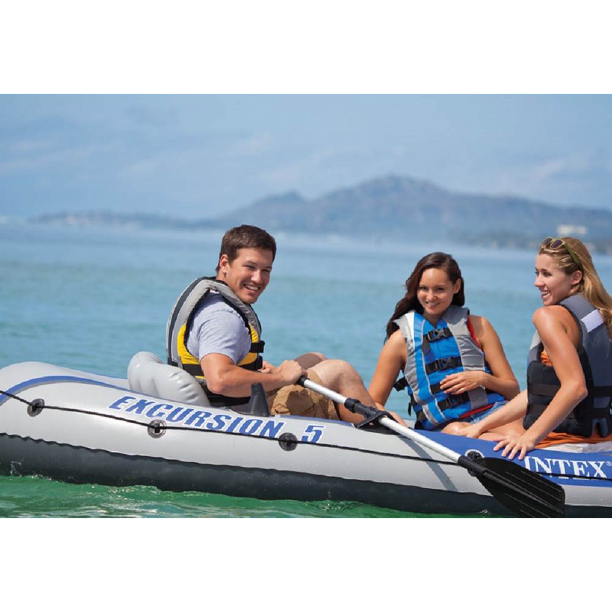 Intex Excursion 5 Person Inflatable Boat Set w/ 2 Oars, Air Pump & Bag (2 Pack)