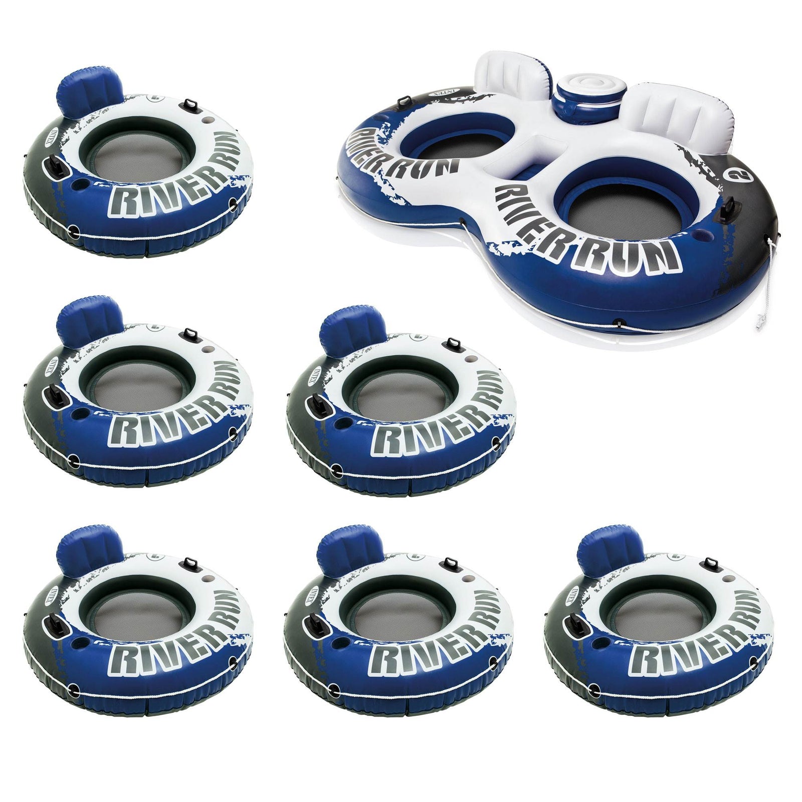 Intex River Run II Inflatable 2 Person Float w/ Cooler and 6 Single Rider Floats - VMInnovations