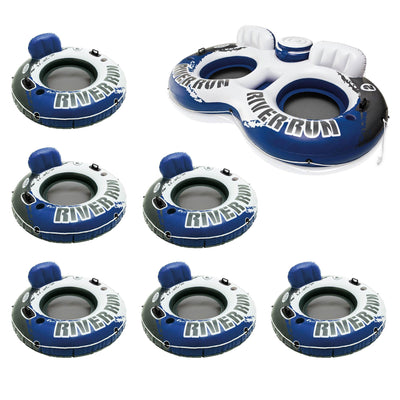 Intex River Run II Inflatable 2 Person Float w/ Cooler and 6 Single Rider Floats - VMInnovations