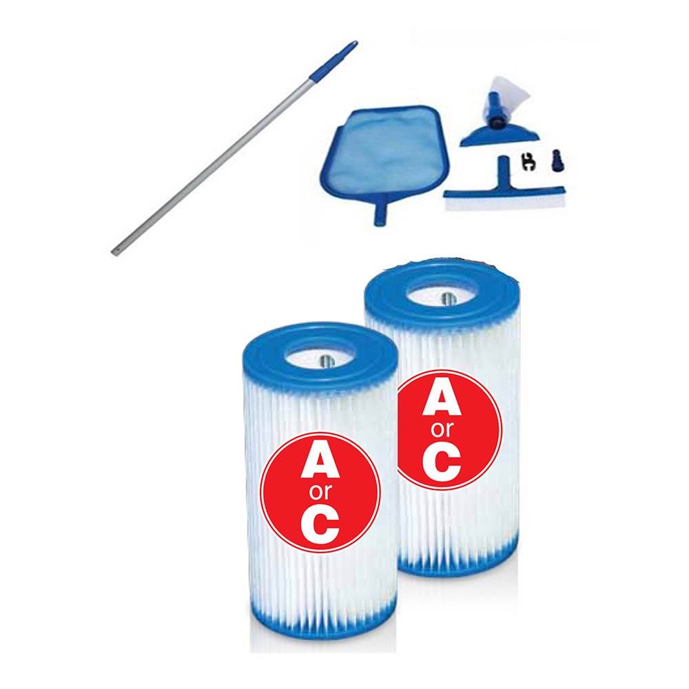 Intex Pool Cleaning Vacuum Skimmer & Pole Set + Type A or C Filter Cartridges - VMInnovations
