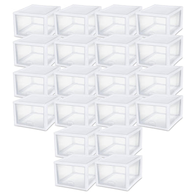Sterilite 27 Quart Clear & White Plastic Storage Bin with One Drawer, 20 Pack - VMInnovations