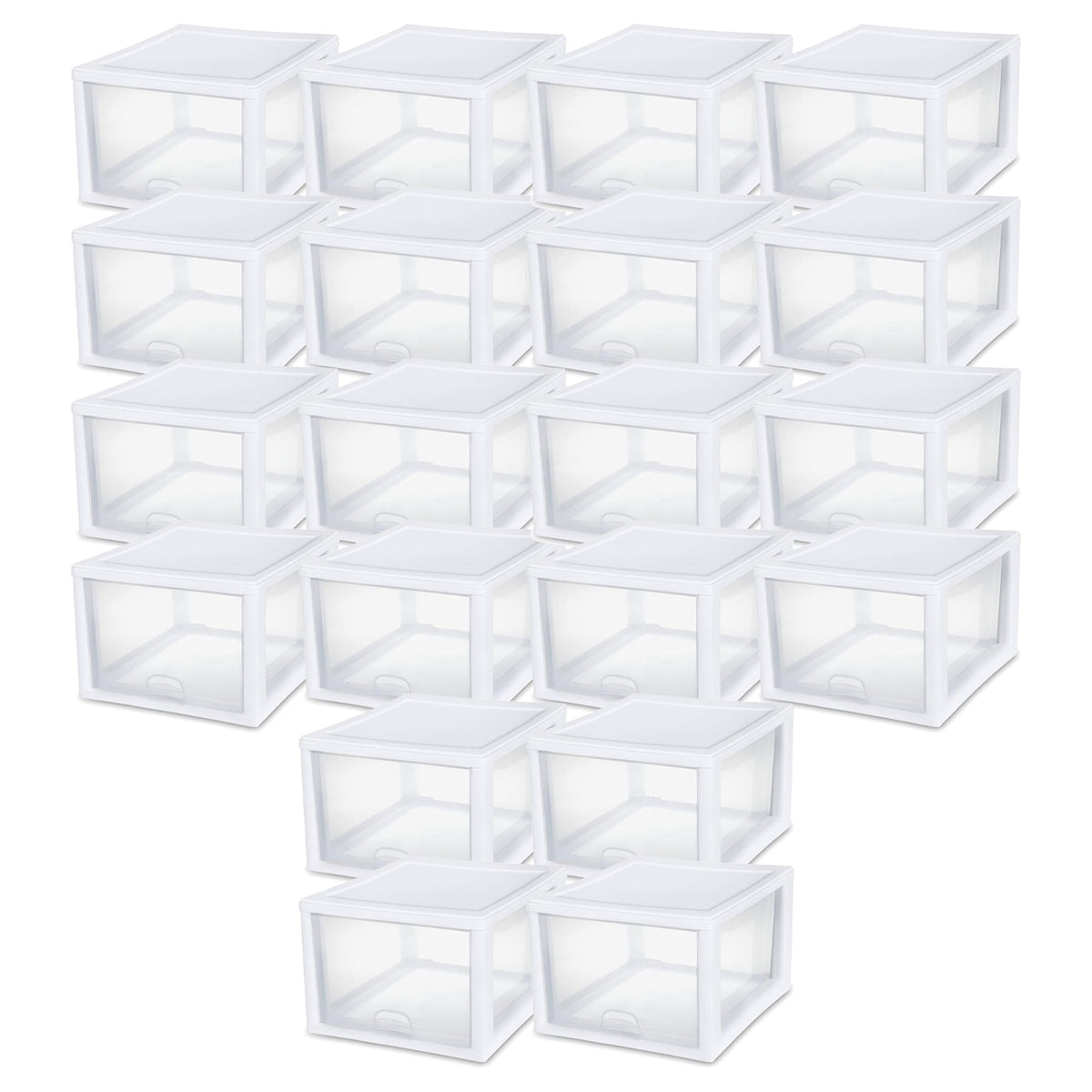Sterilite 27 Quart Clear & White Plastic Storage Bin with One Drawer, 20 Pack