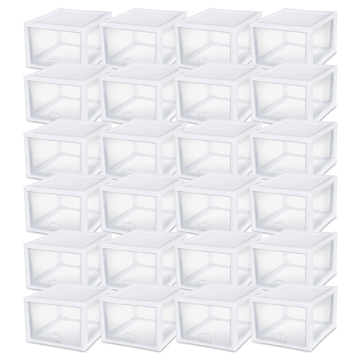 Sterilite 27 Quart Clear & White Plastic Storage Bin with One Drawer, 24 Pack