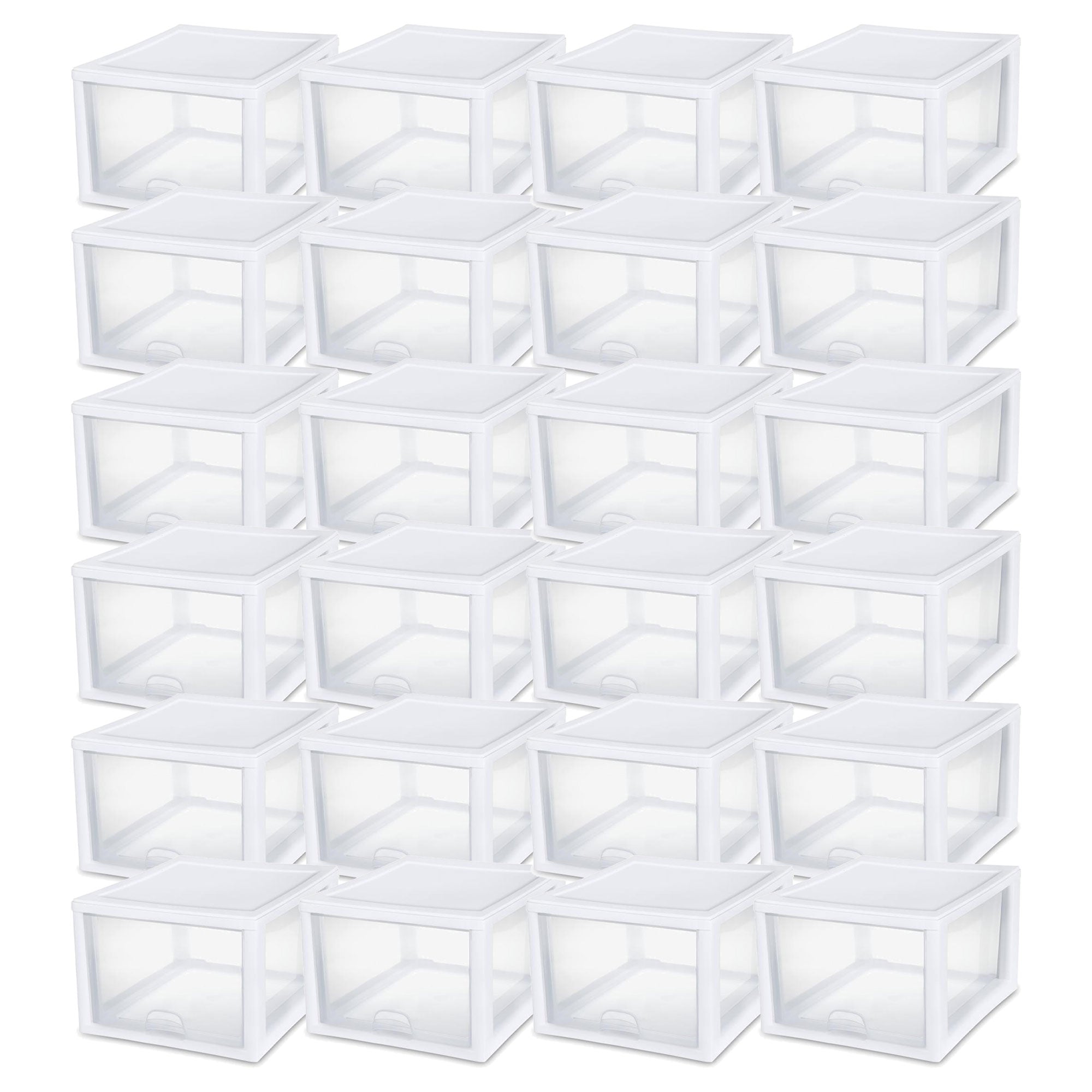 Sterilite 27 Quart Clear & White Plastic Storage Bin with One Drawer, 24 Pack - VMInnovations