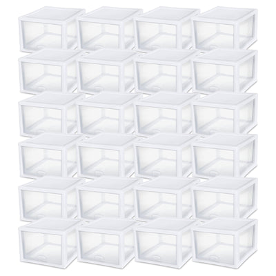 Sterilite 27 Quart Clear & White Plastic Storage Bin with One Drawer, 24 Pack - VMInnovations