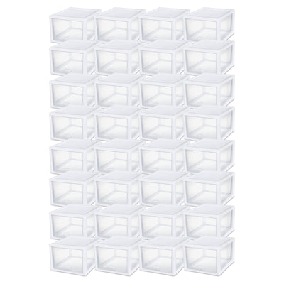 Sterilite 27 Quart Clear & White Plastic Storage Bin with One Drawer, 32 Pack