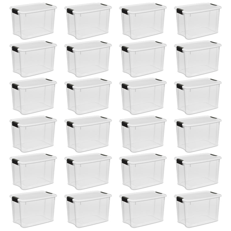 Sterilite 30 Qt Clear Plastic Stackable Storage Bin w/ White Latch Lid, 24 Pack - VMInnovations