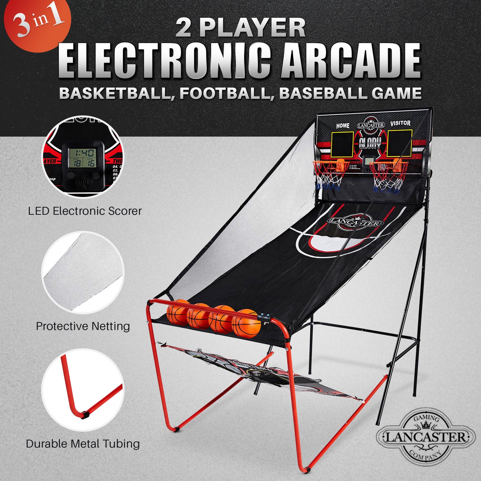 Lancaster 2 Player Arcade 3 in 1 Basketball, Football, Baseball Game (For Parts) - VMInnovations