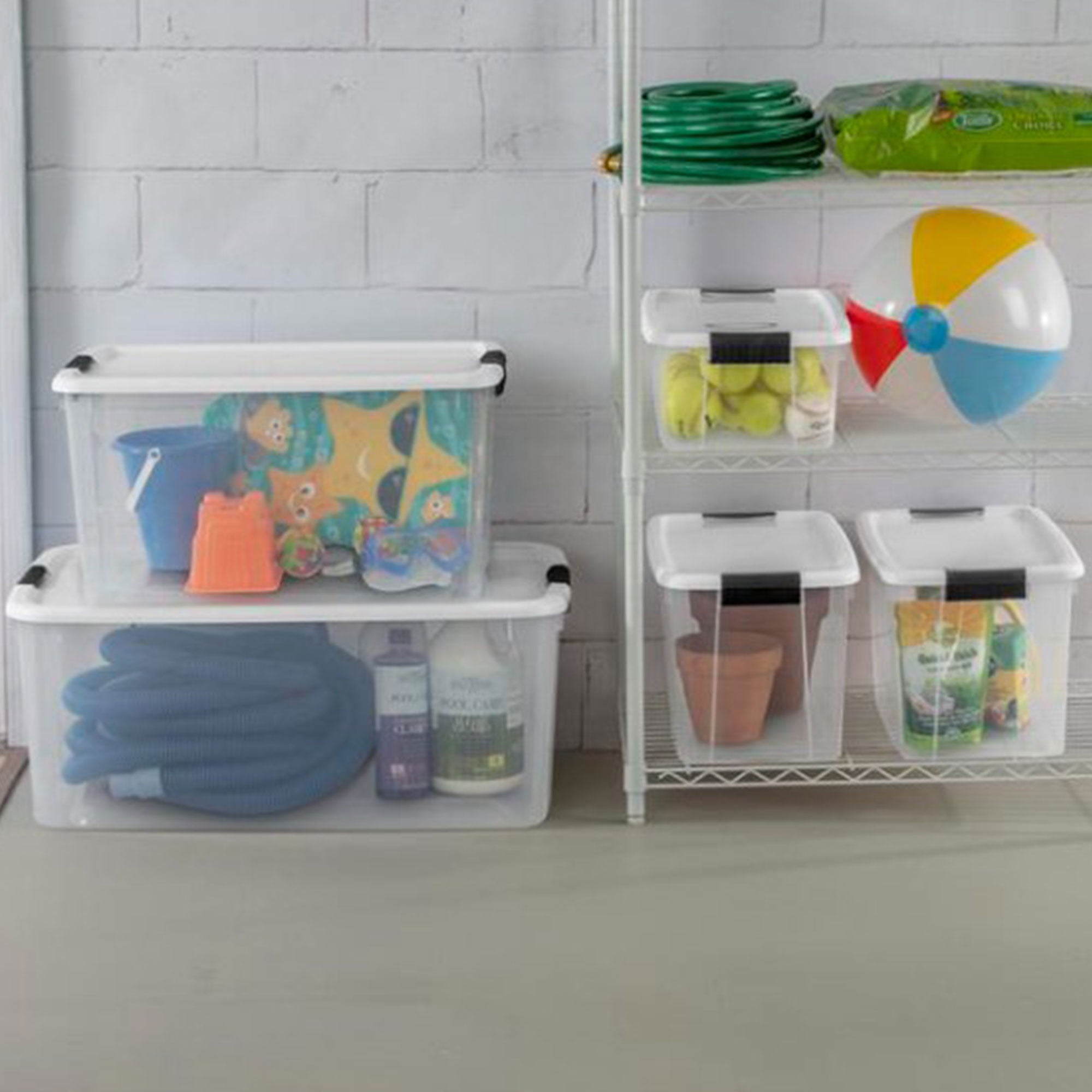 Sterilite 30 Qt Clear Plastic Stackable Storage Bin w/ White Latch Lid, 48 Pack